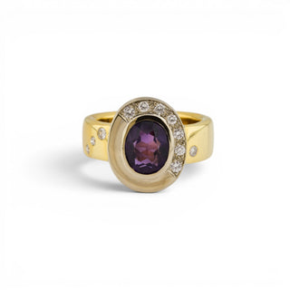 Ring aus 750 Gelb- und Weißgold mit Amethyst und Brillant, nachhaltiger second-hand Schmuck perfekt aufgearbeitet