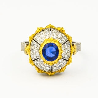 Saphirring aus 750 Gelb- und Weißgold mit Diamant, nachhaltiger second hand Schmuck perfekt aufgearbeitet