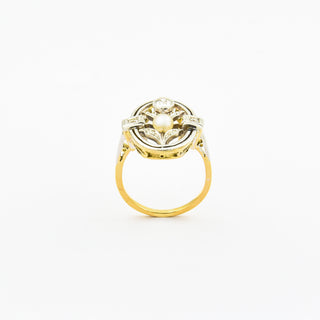Ring aus 585 Gelb- und Weißgold mit Perle, Brillant und Diamant, nachhaltiger second hand Schmuck perfekt aufgearbeitet