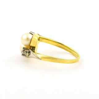 Perlenring aus 585 Gelb- und Weißgold mit Brillant, nachhaltiger second hand Schmuck perfekt aufgearbeitet