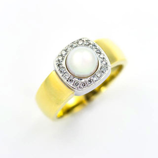 Perlenring aus 585 Gelb- und Weißgold mit Brillant, nachhaltiger second hand Schmuck perfekt aufgearbeitet