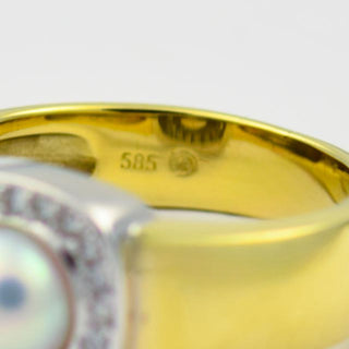 Perlenring aus 585 Gelb- und Weißgold mit Brillant, nachhaltiger second hand Schmuck perfekt aufgearbeitet