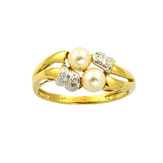 Perlenring aus 585 Gelb- und Weißgold mit Diamant, nachhaltiger second hand Schmuck perfekt aufgearbeitet