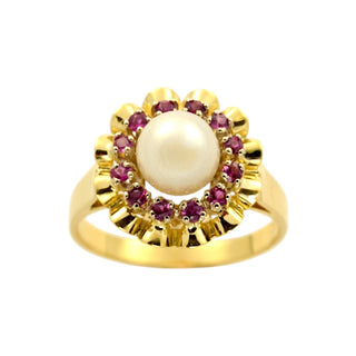 Perlenring aus 750 Gelb- und Weißgold mit Rubin, nachhaltiger second-hand Schmuck perfekt aufgearbeitet