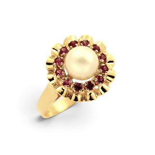 Perlenring aus 750 Gelb- und Weißgold mit Rubin, nachhaltiger second-hand Schmuck perfekt aufgearbeitet