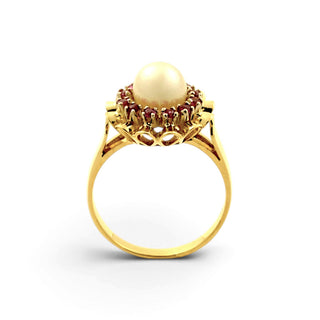 Perlenring aus 750 Gelb- und Weißgold mit Rubin, nachhaltiger second-hand Schmuck perfekt aufgearbeitet