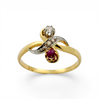 Rubinring aus 750 Gelb- und Weißgold mit Brillant und Diamant, nachhaltiger second hand Schmuck perfekt aufgearbeitet