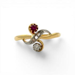 Rubinring aus 750 Gelb- und Weißgold mit Brillant und Diamant, nachhaltiger second hand Schmuck perfekt aufgearbeitet