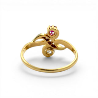 Rubinring aus 750 Gelb- und Weißgold mit Brillant und Diamant, nachhaltiger second hand Schmuck perfekt aufgearbeitet