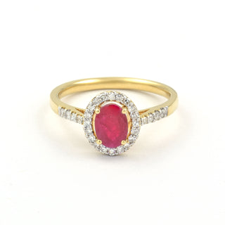 Rubinring aus 585 Gelb- und Weißgold mit Diamant, nachhaltiger second hand Schmuck perfekt aufgearbeitet