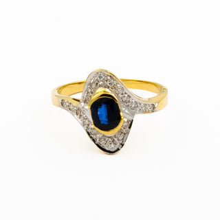 Ring aus 585 Gelb- und Weißgold mit Saphir und Brillant, nachhaltiger second hand Schmuck perfekt aufgearbeitet