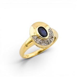 Saphirring aus 585 Gelb- und Weißgold mit Diamant, nachhaltiger second-hand Schmuck perfekt aufgearbeitet