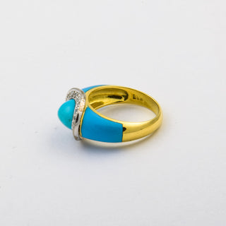 Ring aus 750 Gelb- und Weißgold mit Türkis und Diamant, nachhaltiger second hand Schmuck perfekt aufgearbeitet