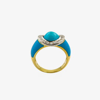 Ring aus 750 Gelb- und Weißgold mit Türkis und Diamant, nachhaltiger second hand Schmuck perfekt aufgearbeitet