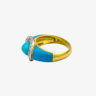 Ring aus 750 Gelb- und Weißgold mit Türkis und Diamant, nachhaltiger second hand Schmuck perfekt aufgearbeitet