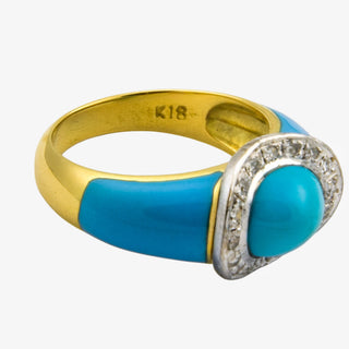 Ring aus 750 Gelb- und Weißgold mit Türkis und Diamant, nachhaltiger second hand Schmuck perfekt aufgearbeitet