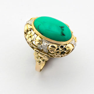 Ring aus 585 Gelb- und Weißgold mit Türkis und Diamant, hochwertiger second hand Schmuck perfekt aufgearbeitet
