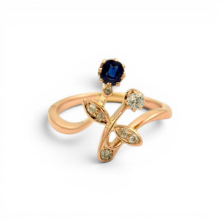 Saphirring aus 585 Roségold mit Brillant und Diamant, nachhaltiger second-hand Schmuck perfekt aufgearbeitet