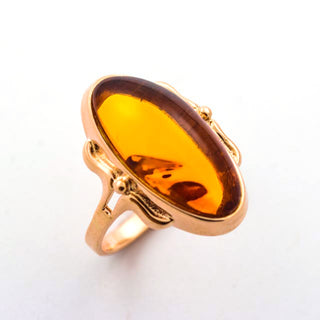 Ring aus 583 Rotgold mit Bernstein, nachhaltiger second hand Schmuck perfekt aufgearbeitet