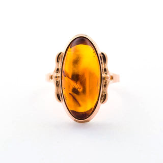 Ring aus 583 Rotgold mit Bernstein, nachhaltiger second hand Schmuck perfekt aufgearbeitet