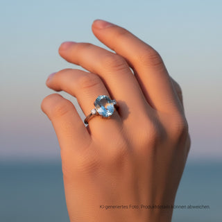 Ring aus 585 Weißgold mit Aquamarin und Brillant, nachhaltiger second-hand Schmuck perfekt aufgearbeitet
