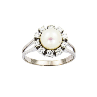 Perlenring aus 750 Weißgold mit Brillant, nachhaltiger second hand Schmuck perfekt aufgearbeitet