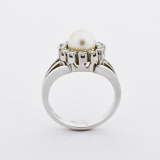 Perlenring aus 585 Weißgold mit Diamant, nachhaltiger second hand Schmuck perfekt aufgearbeitet