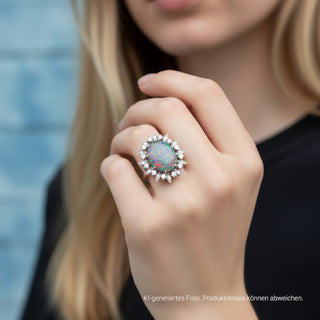 Ring aus 750 Weißgold mit Opal, Brillant und Diamant, nachhaltiger second-hand Schmuck perfekt aufgearbeitet