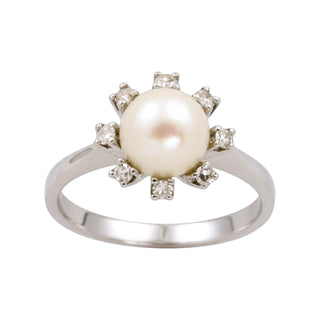 Perlenring aus 750 Weißgold mit Diamant, nachhaltiger second-hand Schmuck perfekt aufgearbeitet