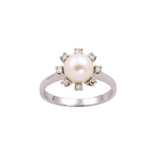 Perlenring aus 750 Weißgold mit Diamant, nachhaltiger second-hand Schmuck perfekt aufgearbeitet