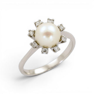 Perlenring aus 750 Weißgold mit Diamant, nachhaltiger second-hand Schmuck perfekt aufgearbeitet