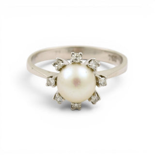 Perlenring aus 750 Weißgold mit Diamant, nachhaltiger second-hand Schmuck perfekt aufgearbeitet