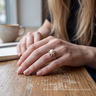 Perlenring aus 750 Weißgold mit Diamant, nachhaltiger second-hand Schmuck perfekt aufgearbeitet