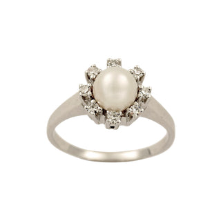 Perlenring aus 585 Weißgold mit Diamant, nachhaltiger second-hand Schmuck perfekt aufgearbeitet