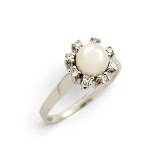 Perlenring aus 585 Weißgold mit Diamant, nachhaltiger second-hand Schmuck perfekt aufgearbeitet
