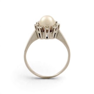 Perlenring aus 585 Weißgold mit Diamant, nachhaltiger second-hand Schmuck perfekt aufgearbeitet