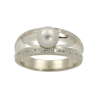 Perlenring aus 585 Weißgold mit Diamant, nachhaltiger second hand Schmuck perfekt aufgearbeitet