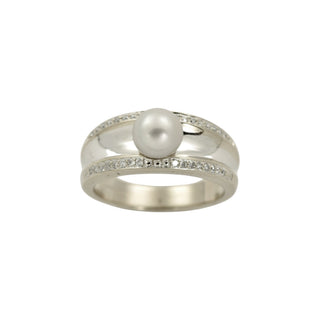 Perlenring aus 585 Weißgold mit Diamant, nachhaltiger second hand Schmuck perfekt aufgearbeitet