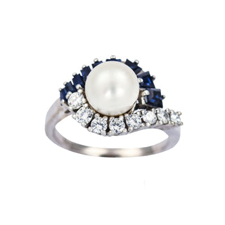 Perlenring aus 585 Weißgold mit Saphir und Brillant, nachhaltiger second hand Schmuck perfekt aufgearbeitet