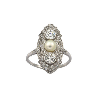 Ring aus 585 Weißgold mit Perle, Brillant und Diamant, hochwertiger second hand Schmuck perfekt aufgearbeitet
