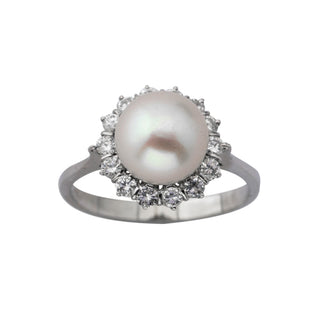 Ring aus 750 Weißgold mit Perle und Brillant, hochwertiger second hand Schmuck perfekt aufgearbeitet