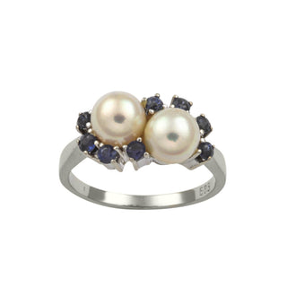 Ring aus 585 Weißgold mit Perle und Saphir, hochwertiger second hand Schmuck perfekt aufgearbeitet