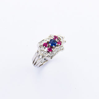 Ring aus 585 Weißgold mit Saphir, Rubin und Diamant, nachhaltiger second hand Schmuck perfekt aufgearbeitet