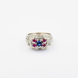 Ring aus 585 Weißgold mit Saphir, Rubin und Diamant, nachhaltiger second hand Schmuck perfekt aufgearbeitet