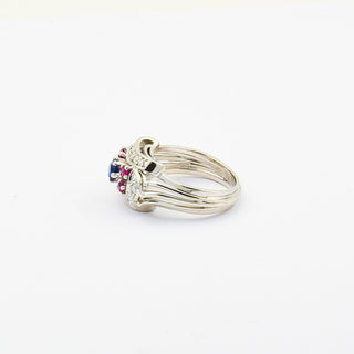 Ring aus 585 Weißgold mit Saphir, Rubin und Diamant, nachhaltiger second hand Schmuck perfekt aufgearbeitet