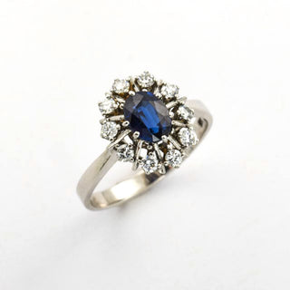 Saphirring aus 585 Weißgold mit Brillant, nachhaltiger second hand Schmuck perfekt aufgearbeitet