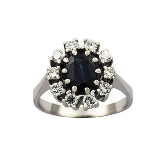 Saphirring aus 585 Weißgold mit Brillant, nachhaltiger second hand Schmuck perfekt aufgearbeitet