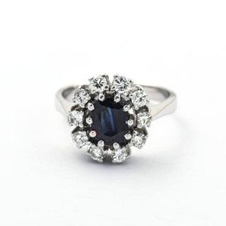 Saphirring aus 585 Weißgold mit Brillant, nachhaltiger second hand Schmuck perfekt aufgearbeitet