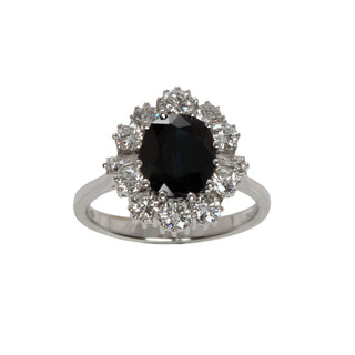 Saphirring aus 585 Weißgold mit Brillant und Diamant, nachhaltiger second hand Schmuck perfekt aufgearbeitet