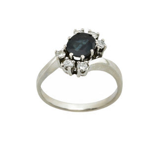 Saphirring aus 750 Weißgold mit Brillant, nachhaltiger second hand Schmuck perfekt aufgearbeitet
